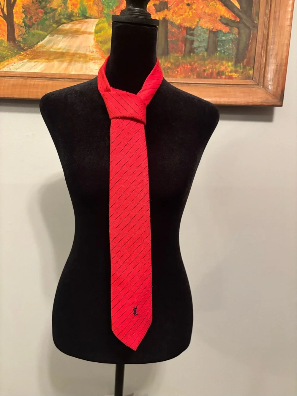Yves Saint Laurent Vintage Red Pinstripe Silk Tie with YSL Embroidery